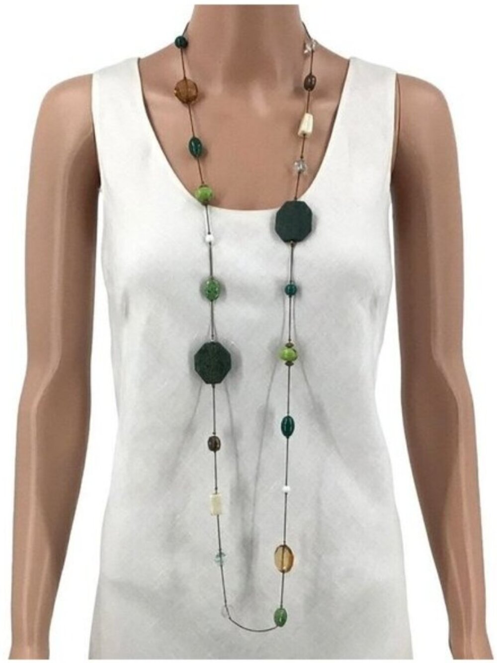 Long Necklace Green Gold Tone White Beaded 51 Inch Length Womens Jewelry